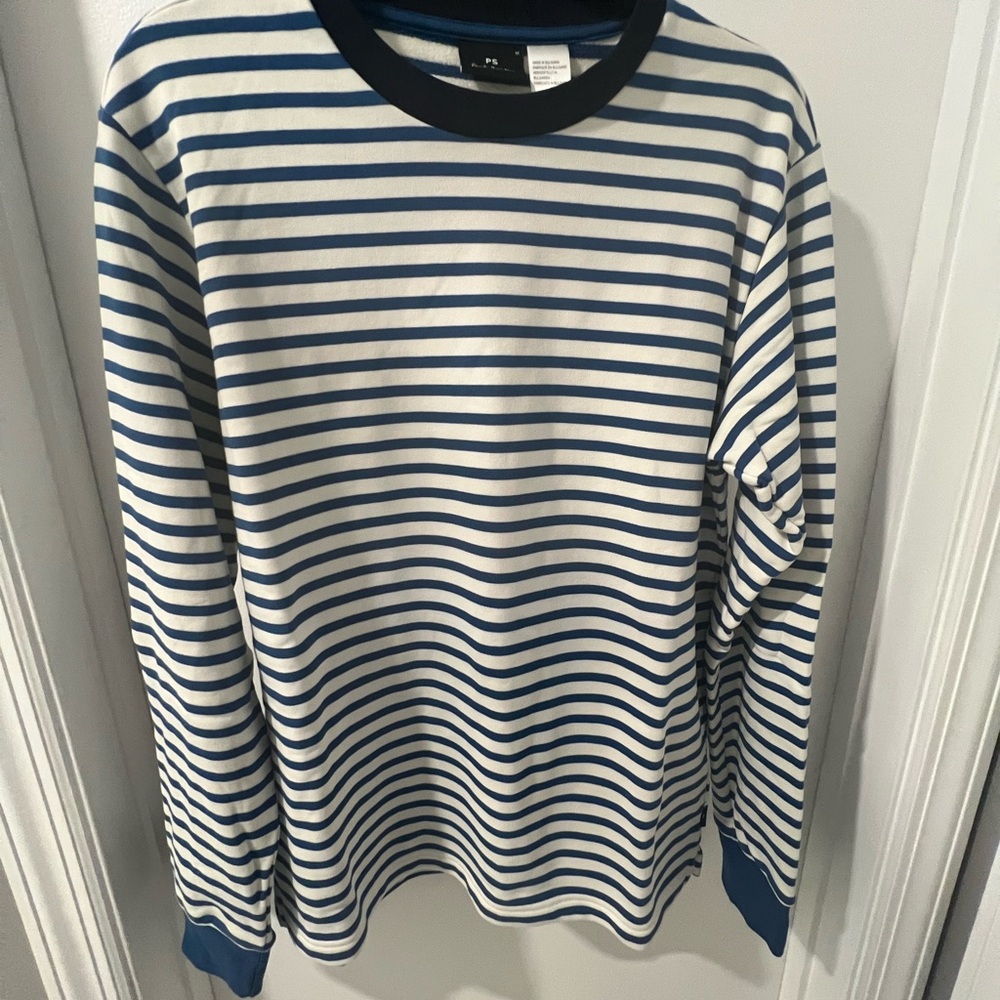 PS by Paul Smith Blue and White Striped Crewneck Sweater